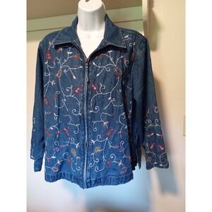 Vtg‎ Floral Embroidered Denim Jacket Blue Zip Up Boho Jean medium Womens